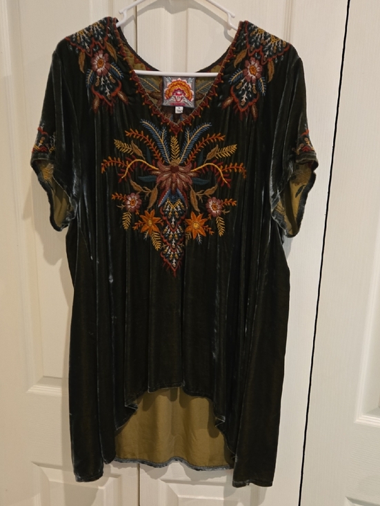 Johnny Was Tops - Johnny Was Embroidered Velvet Tunic in Olive with Red and Gold Accents
